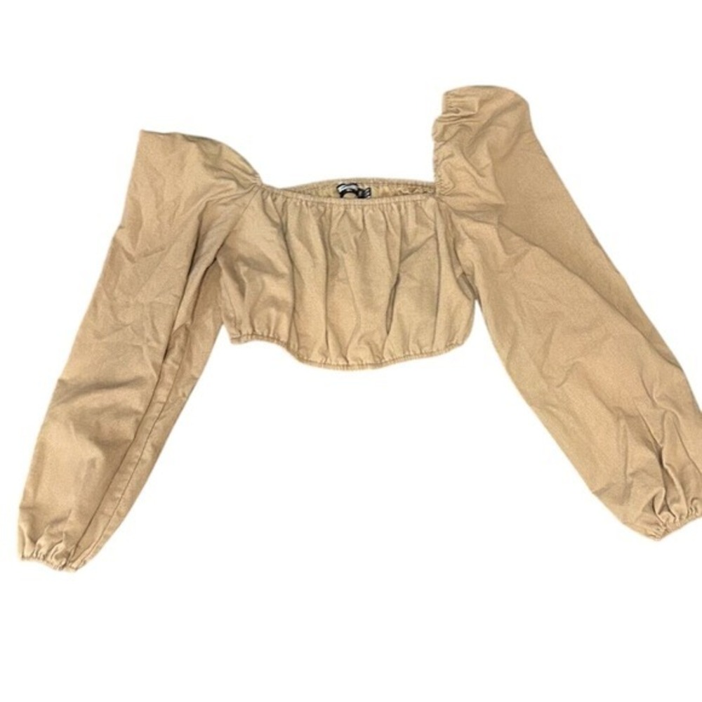 Missguided Women 10 Beige Balloon Shoulders Elastic Crop Top Boho Festive Retro